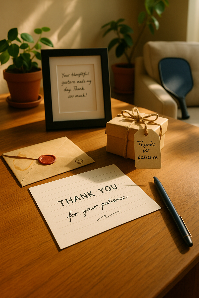 Handwritten thank you note with pickleball paddle